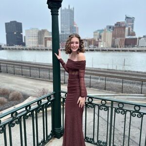 Brown, glitter, off the shoulder, formal dress